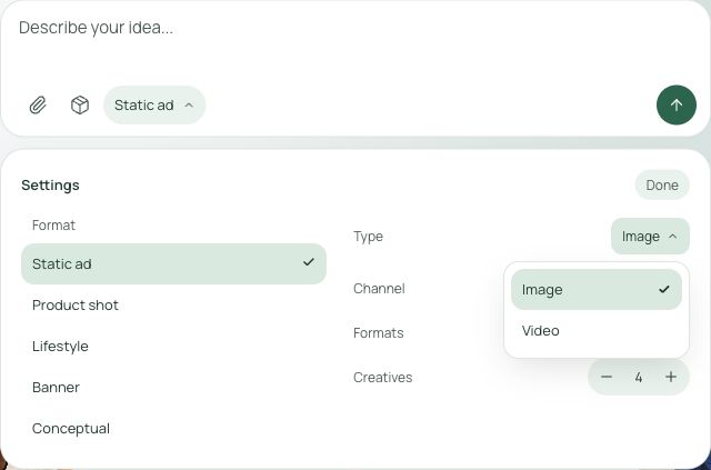 Actual Matt creative settings with image and video options
